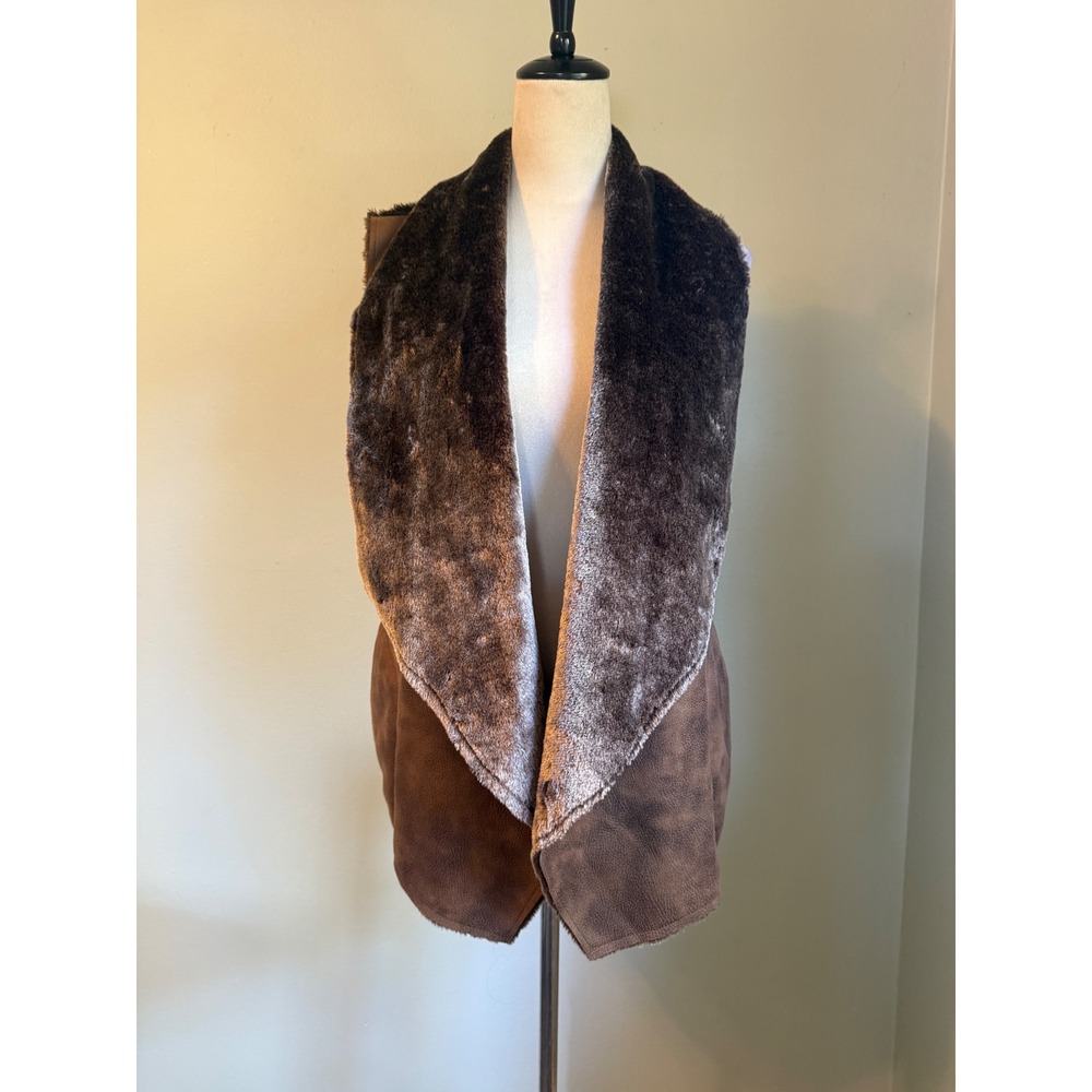 Faux Shearling Draped Open Front Vest Brown Large NWT western boho cozy rero y2k